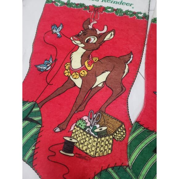 2 LARGE Vintage Rudolph Red Nosed Reindeer Felt Stocking Retro 90s Decor 17" lot - Picture 4 of 5